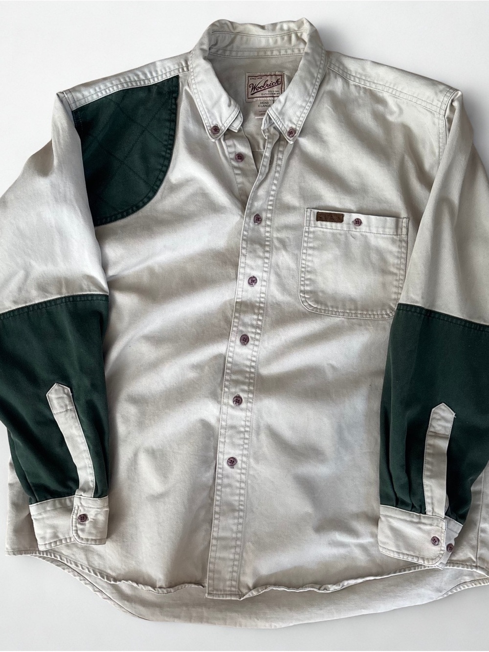 Vintage Woolrich Shooting Shirt Olive Green Quilted Shoulder Elbow Patches XL